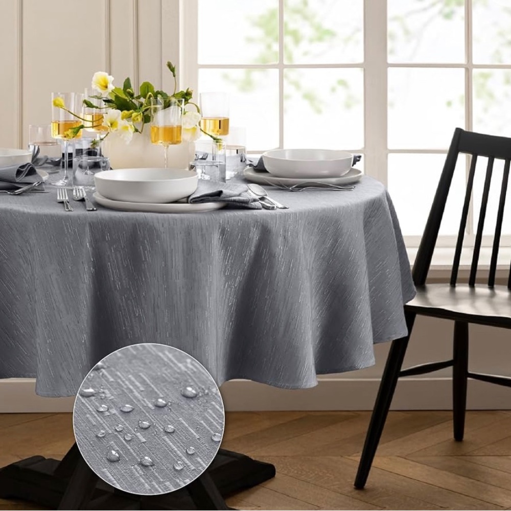 NEW NWT Never Used Textured Water & Stain Resistant Tablecloth, 70" Round, Gray